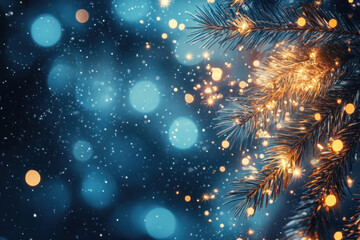 Canvas Print - Christmas tree branch adorned with twinkling lights and snow, creating a festive winter scene.