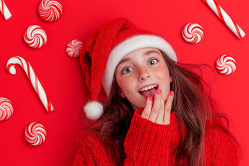 Cute little girl in red sweater and Santa Claus hat with candy canes on red background