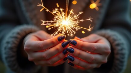 Celebrate the New Year with beautiful midnight blue nail art featuring silver stars and a sparkling effect