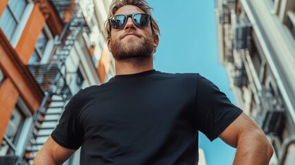 A bearded man in a black t-shirt and sunglasses stands confidently in an urban setting, looking upward with a backdrop of tall, colorful buildings on a sunny day.