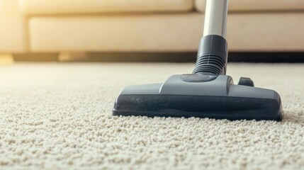 Wall Mural - Close-up of a vacuum cleaner head in action on a soft beige carpet, representing household cleaning and home maintenance.