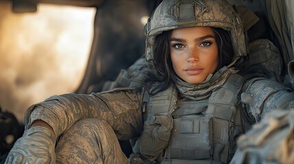 Woman Wearing Military Green Tanker Uniform and Tanker Helmet Sitting on a Military Tank – Strong Female Soldier, Long Legs, Combat Gear, and Powerful Military Equipment