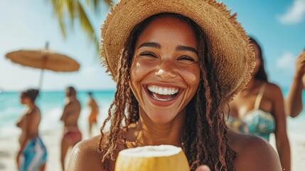 The image shows a laughing woman with curly hair holding a coconut, surrounded by beachgoers, palm trees, and a vibrant, sunny beach setting.