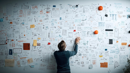 Wall Mural - Person analyzing a whiteboard filled with notes, sketches, and diagrams, using sticky notes and markers in a brainstorming or creative problem-solving session.