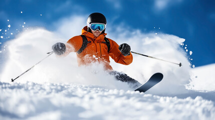 Canvas Print - A skier in an orange jacket and black helmet navigating through deep powder snow with ski poles under a bright blue sky on a clear day.