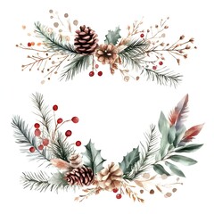 Boho style Christmas wreath featuring natural elements like pine branches  holly leaves  pinecones  and feathers  in a watercolor style with muted  earthy tones  isolated on a clean white background