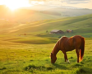 Canvas Print - A horse grazing on fresh grass in a sunlit meadow with rolling hills and a distant barn