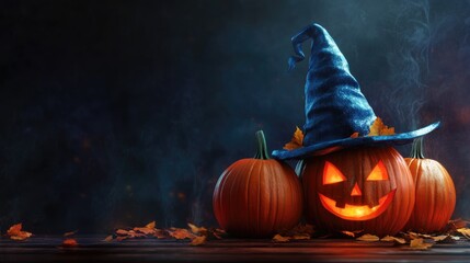 Wall Mural - halloween themed pumpkins and witch hat on dark background