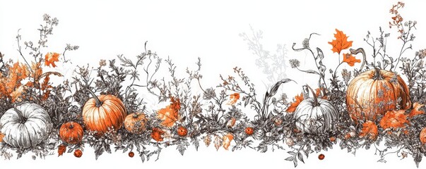 Wall Mural - Autumn leaves, pumpkins, and seamless background.