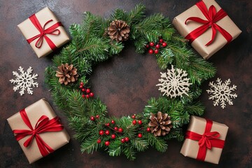 Wall Mural - On dark background, top view of frame with Christmas wreath, gift boxes, branches and snowflakes. Winter holiday theme. Happy New Year flat lay. Bouquet of sparkles.