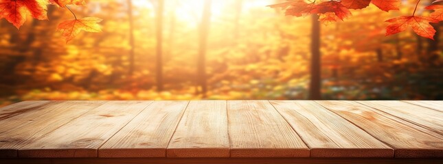 Poster - Stock, autumn park with wooden table.