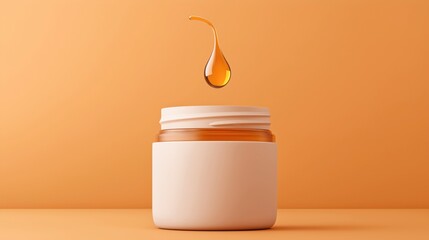 Sticker - A white cosmetic jar with an amber liquid drop falling into it. The background is a solid orange color, providing a minimalistic and modern aesthetic.