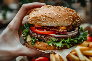 Poster - Ai generated photo of person hold tasty fast food