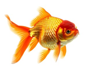 Poster - Vibrant Plump Goldfish Floating Serenely Against White Background with Copyspace