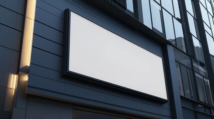 Wall Mural - Black blank sign mockup hanging on the wall of modern building with white light inside, closeup view