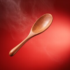 hyper realistic image of a rustic wooden spoon flying through the air. Photograph is shot in hard sunlight on a solid red background