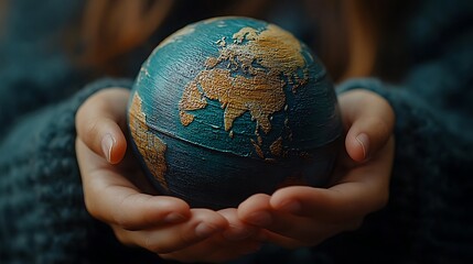 Close-up of a person's hands holding a small globe, representing the Earth.