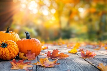 Poster - Theme for Thanksgiving with autumn leaves and pumpkins. Stock background