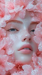 Poster - Dreamy Portrait of a Woman Surrounded by Pink Flowers