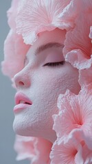 Poster - Close-up Portrait of a Woman with Pink Flowers