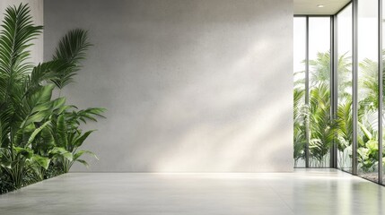 Wall Mural - Blank concrete wall in modern empty room with tropical plant garden. Luxury house interior with green palm trees. Minimal architecture design