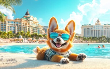 a cute puppy lounging on the beach, sporting stylish sunglasses with an ocean resort hotel in the ba