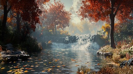 Wall Mural - Autumn Waterfall in a Misty Forest - Nature Photography