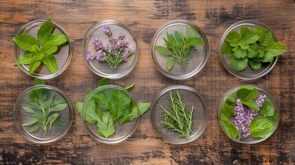 Assortment of Fresh Culinary Herbs on Wooden Table