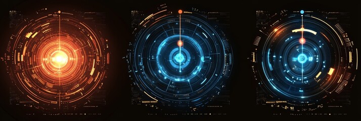 Poster - Illustration with spot light and holographic HUD circle in blue glow 3D