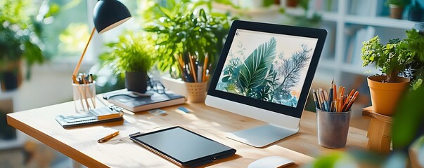 Sticker - Modern Workspace with Natural Light and Plants.