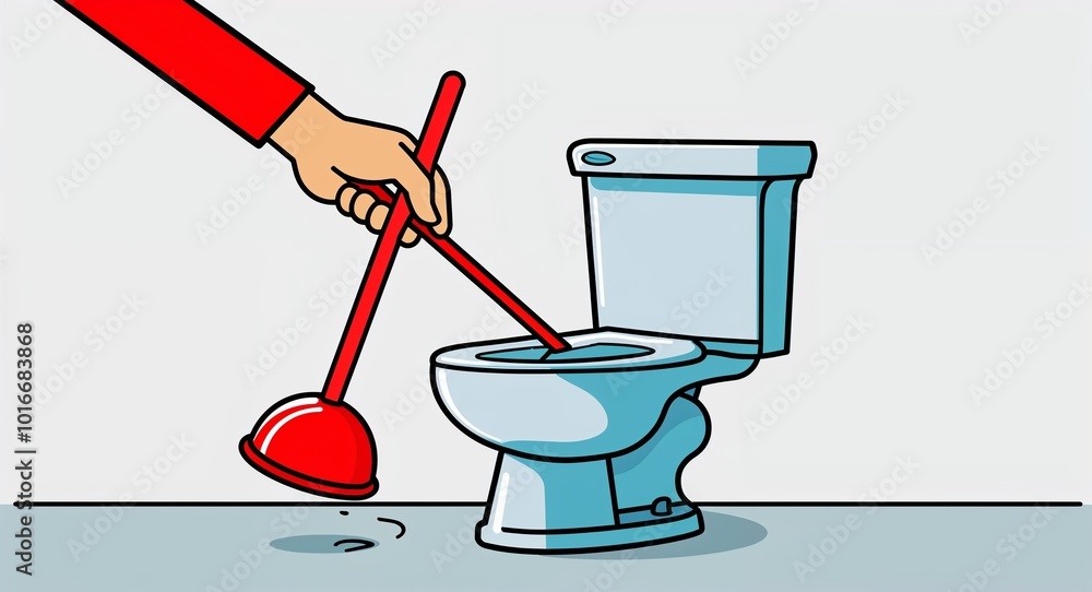 Hand drawing clipart of a plunger fixing clogged toilet on plain white background