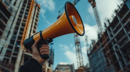 A hand holding a bright megaphone against the background of a construction site with cranes and buildings under construction.