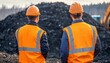 © Daylife - Two construction workers in safety gear observe a large pile of dirt or debris at a worksite, showcasing occupational safety and teamwork.