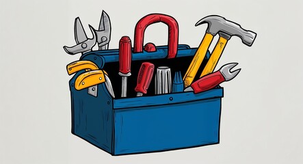 Hand drawing clipart of a toolbox filled with tools on plain white background