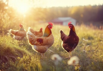 Wall Mural - Chickens in Sunset.