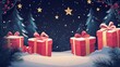 © Антон Сальников - Stock Illustration: Illuminated Christmas trees with golden garlands close to Xmas gifts in red boxes with flakes of snow,