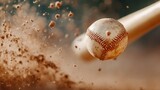 A dynamic closeup of a baseball striking a bat, sending a cloud of dust into the air, capturing the intense motion and excitement of the sport in action.