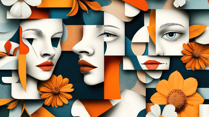 Poster - Abstract collage artwork featuring multiple female faces with geometric shapes and vibrant flowers in orange, white, and blue colors, creating a modern and artistic composition.