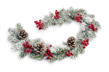 Canvas Print - A festive garland of red berries and pinecones on a white background. Winter holiday concept.