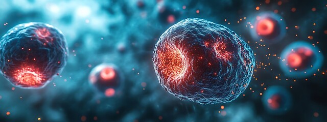  Human stem cell therapy research in 3D: Explore cellular biology, cancer treatment, DNA, nucleus, and protein. Highlighting molecular division for medical biotechnology. 