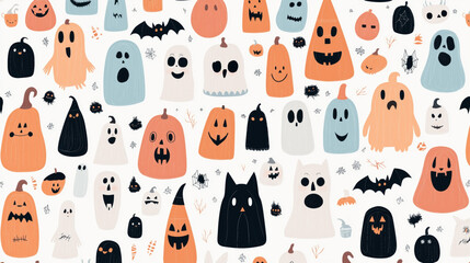 Sticker - Seamless pattern featuring various cute and spooky Halloween characters, including pumpkins, ghosts, bats, and spiders with a playful, whimsical design.