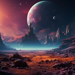 Breathtaking alien landscape with vibrant colors and distant planets at twilight