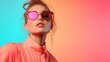 © svastix - A modern woman in a peach shirt and reflective sunglasses embraces the vibrant color gradation around her, epitomizing bold fashion and contemporary styling.