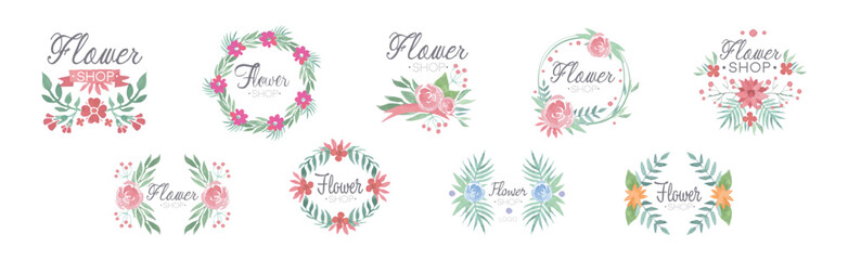 Canvas Print - Flower Shop Watercolor Label Design with Floral Bud Vector Set