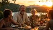 © svastix - A joyous group gathered around a dinner table outdoors, sharing laughter and good times while enjoying a beautiful sunset view in a picturesque setting.