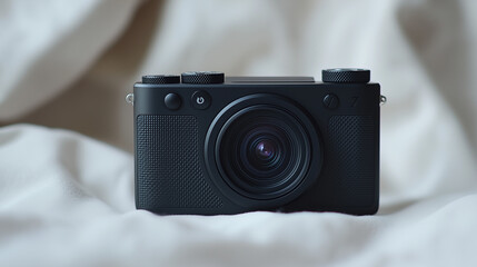 Ultra detailed shot of Pocket size mirrorless modern camera with matte black finish