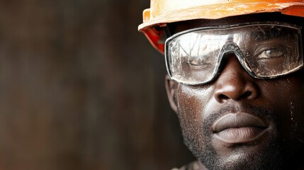 This close-up portrait shows a diligent construction worker wearing a yellow helmet and protective glasses, illustrating work safety and dedication.