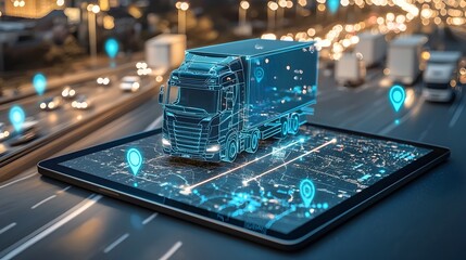 Digital Map Tablet with Truck Icon Showing Real-Time Logistics Tracking