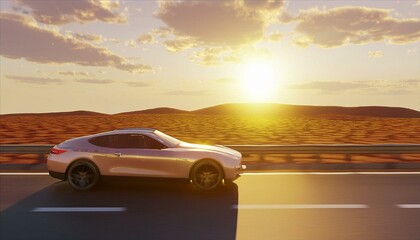 Modern car on the road at sunset in a desert area