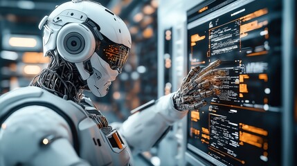 Canvas Print - Futuristic robot operating on a digital interface with multiple screens displaying code in a high-tech environment, reflecting advances in AI and robotics.